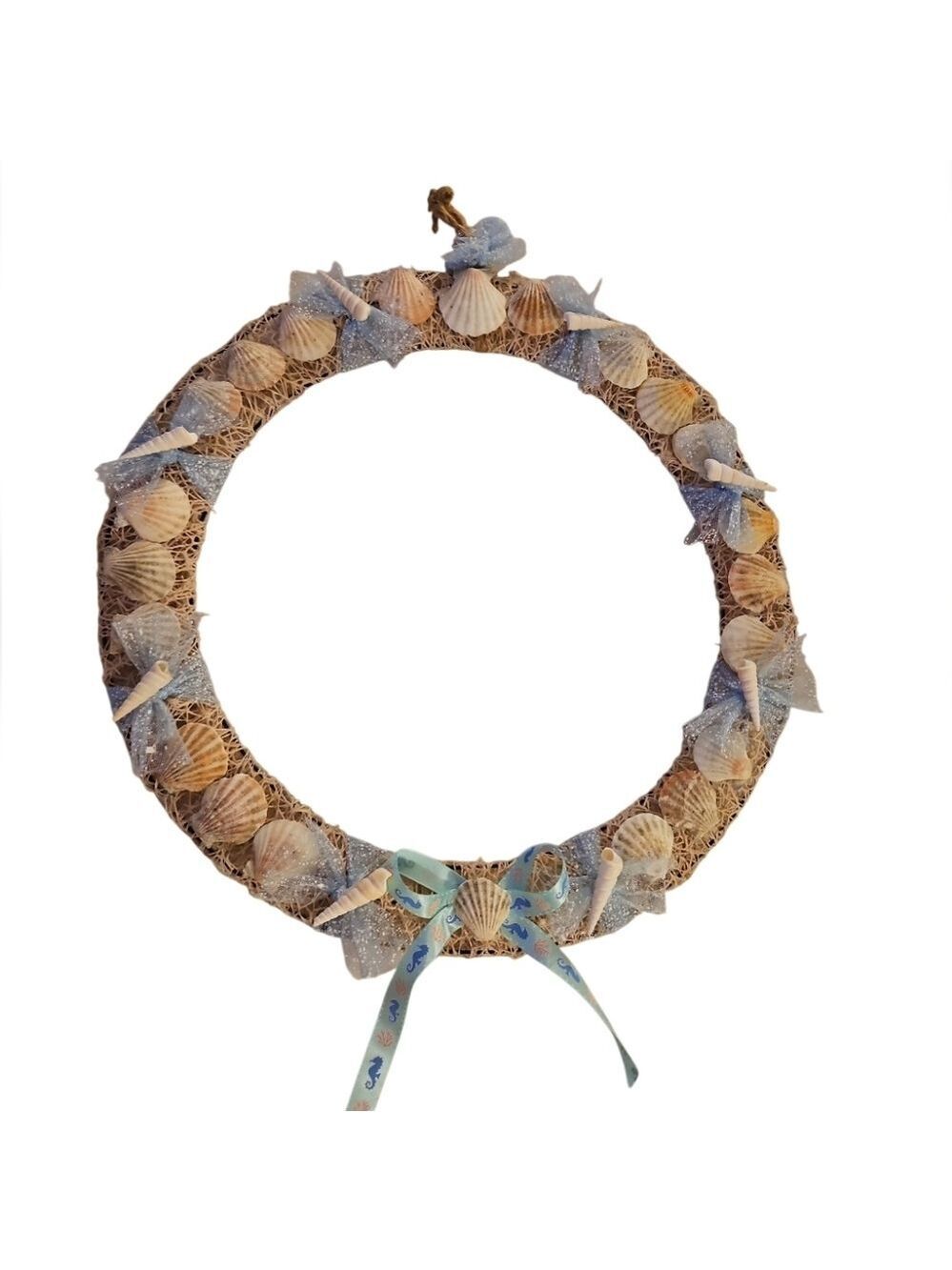 Seashell Ribbon Wreath Handmade Coastal Wall Decor